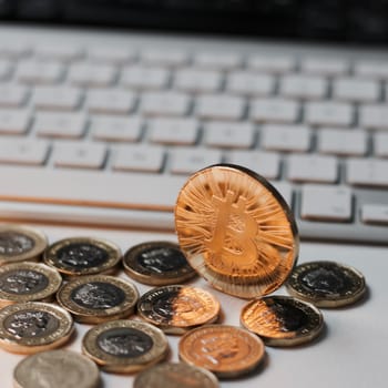 Digital currency physical metal bitcoin coin. Cryptocurrency coins concept.