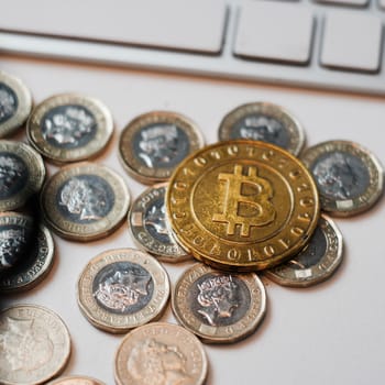 Digital currency physical metal bitcoin coin. Cryptocurrency coins concept.