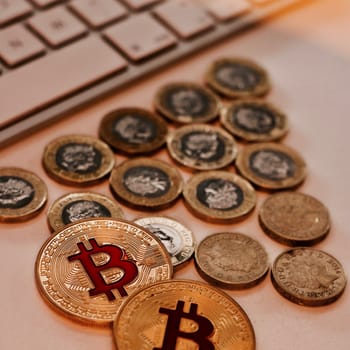 Digital currency physical metal bitcoin coin. Cryptocurrency coins concept.
