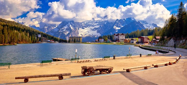 Lake Misurina in Dolomiti Alps alpine landscape view, South Tyrol region of Italy