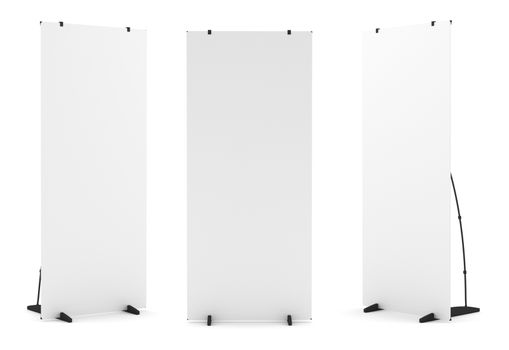 Blank roll-up banner display, isolated on white. 3d illustration
