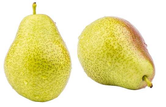 Two ripe yellow pear fruits isolated on white background