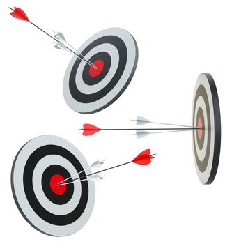 Target hit in the center by arrows. Set targets. 3d illustration