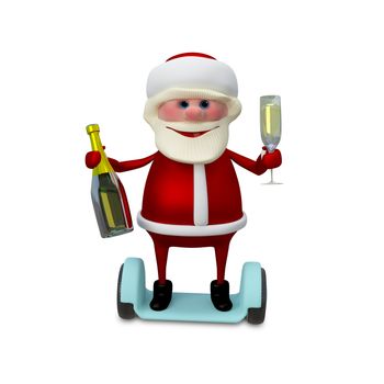 3d Illustration of Santa with Champagne on Electric Scooter