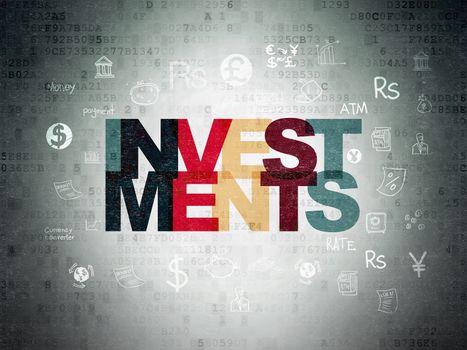 Money concept: Painted multicolor text Investments on Digital Data Paper background with  Hand Drawn Finance Icons
