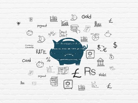 Currency concept: Painted blue Money Box icon on White Brick wall background with  Hand Drawn Finance Icons