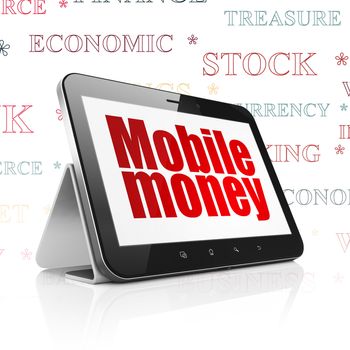 Banking concept: Tablet Computer with  red text Mobile Money on display,  Tag Cloud background, 3D rendering