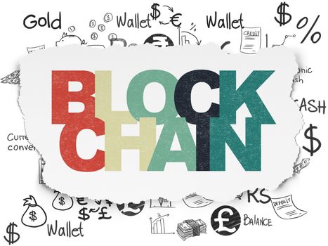 Money concept: Painted multicolor text Blockchain on Torn Paper background with  Hand Drawn Finance Icons