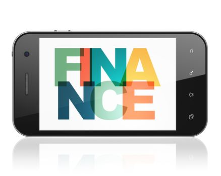 Banking concept: Smartphone with Painted multicolor text Finance on display, 3D rendering