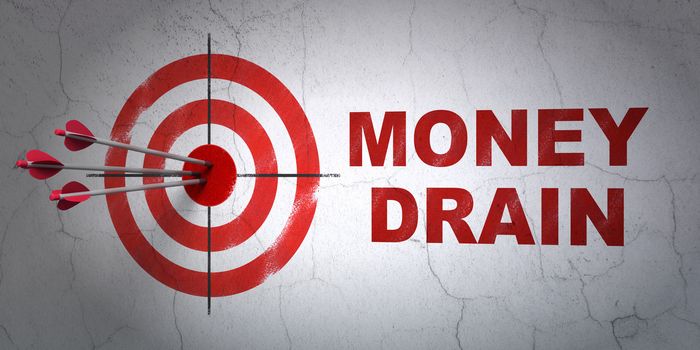 Success money concept: arrows hitting the center of target, Red Money Drain on wall background, 3D rendering
