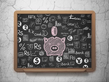 Money concept: Chalk Pink Money Box With Coin icon on School board background with  Hand Drawn Finance Icons, 3D Rendering