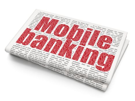 Currency concept: Pixelated red text Mobile Banking on Newspaper background, 3D rendering