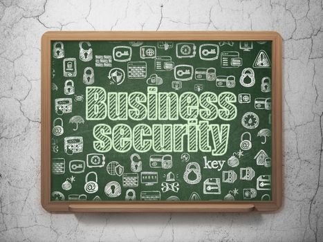Privacy concept: Chalk Green text Business Security on School board background with  Hand Drawn Security Icons, 3D Rendering