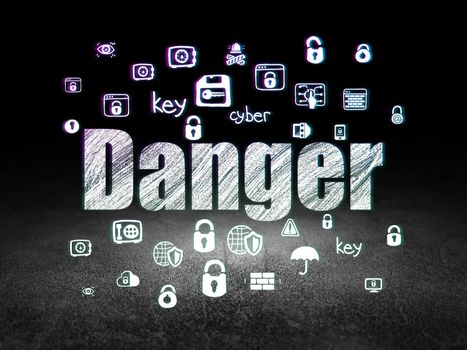 Safety concept: Glowing text Danger,  Hand Drawn Security Icons in grunge dark room with Dirty Floor, black background