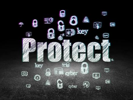 Privacy concept: Glowing text Protect,  Hand Drawn Security Icons in grunge dark room with Dirty Floor, black background