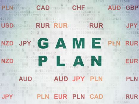 Finance concept: Painted green text Game Plan on Digital Data Paper background with Currency