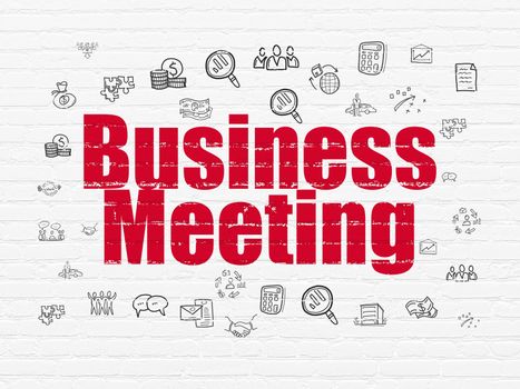 Business concept: Painted red text Business Meeting on White Brick wall background with  Hand Drawn Business Icons