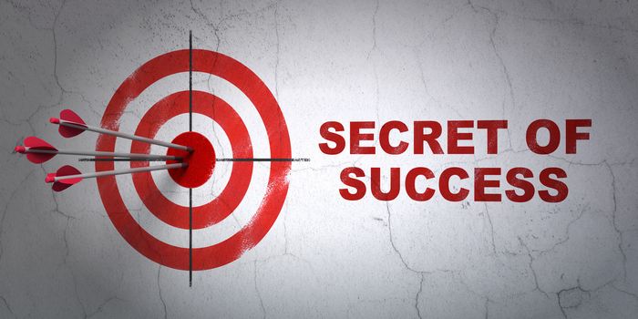 Success business concept: arrows hitting the center of target, Red Secret of Success on wall background, 3D rendering