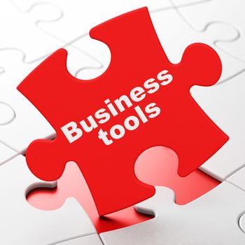 Finance concept: Business Tools on Red puzzle pieces background, 3D rendering