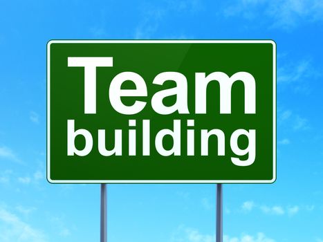 Finance concept: Team Building on green road highway sign, clear blue sky background, 3D rendering