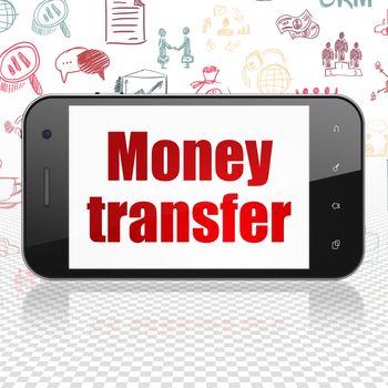 Finance concept: Smartphone with  red text Money Transfer on display,  Hand Drawn Business Icons background, 3D rendering