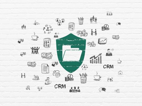 Finance concept: Painted green Folder With Shield icon on White Brick wall background with  Hand Drawn Business Icons