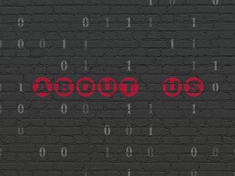Finance concept: Painted red text About us on Black Brick wall background with Binary Code