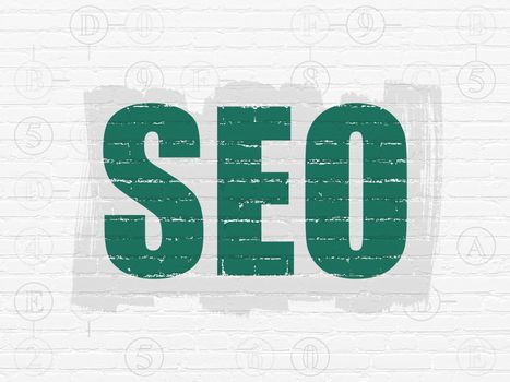 Web design concept: Painted green text SEO on White Brick wall background with Scheme Of Hexadecimal Code