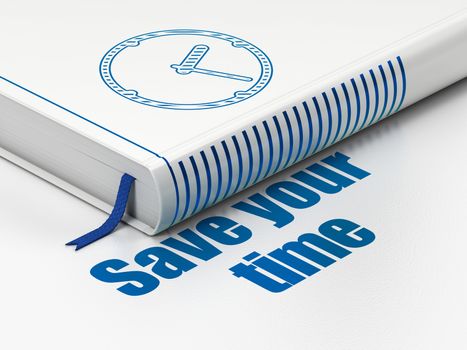 Time concept: closed book with Blue Clock icon and text Save Your Time on floor, white background, 3D rendering