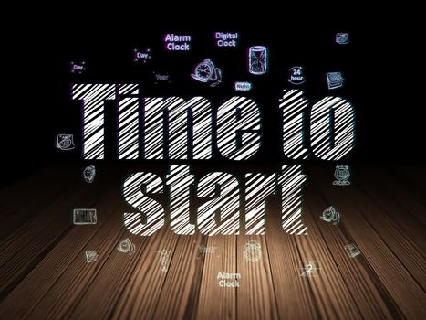 Timeline concept: Glowing text Time to Start,  Hand Drawing Time Icons in grunge dark room with Wooden Floor, black background
