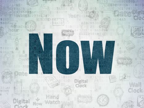 Time concept: Painted blue text Now on Digital Data Paper background with   Hand Drawing Time Icons