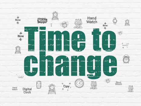 Time concept: Painted green text Time to Change on White Brick wall background with  Hand Drawing Time Icons