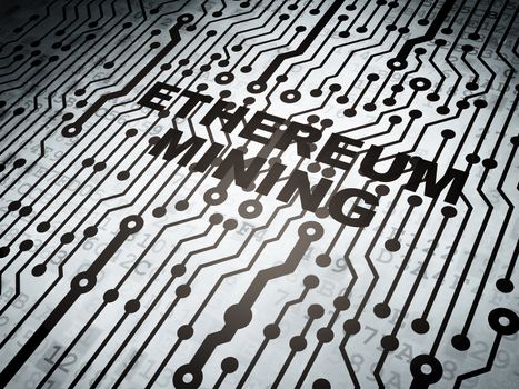 Cryptocurrency concept: circuit board with  word Ethereum Mining, 3D rendering