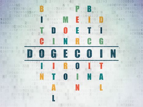 Cryptocurrency concept: Painted blue word Dogecoin in solving Crossword Puzzle on Digital Data Paper background