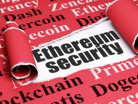 Blockchain concept: black text Ethereum Security under the curled piece of Red torn paper with  Tag Cloud, 3D rendering