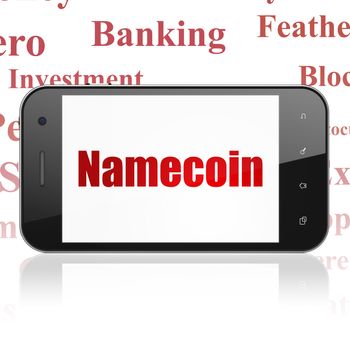 Cryptocurrency concept: Smartphone with  red text Namecoin on display,  Tag Cloud background, 3D rendering