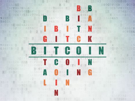 Blockchain concept: Painted green word Bitcoin in solving Crossword Puzzle on Digital Data Paper background