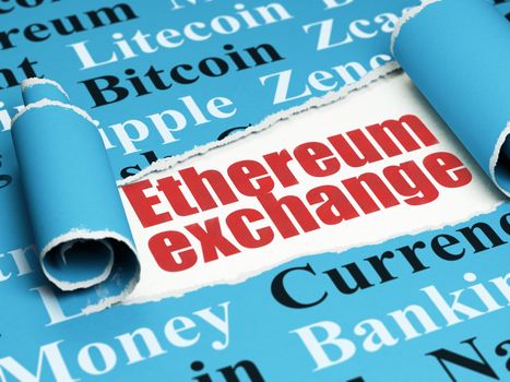Blockchain concept: red text Ethereum Exchange under the curled piece of Blue torn paper with  Tag Cloud, 3D rendering