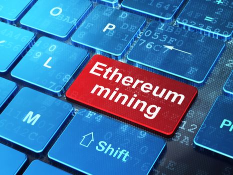 Cryptocurrency concept: computer keyboard with word Ethereum Mining on enter button background, 3D rendering