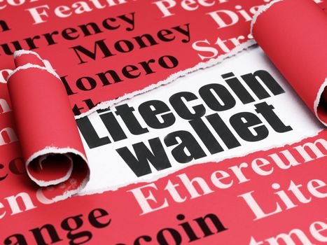 Cryptocurrency concept: black text Litecoin Wallet under the curled piece of Red torn paper with  Tag Cloud, 3D rendering