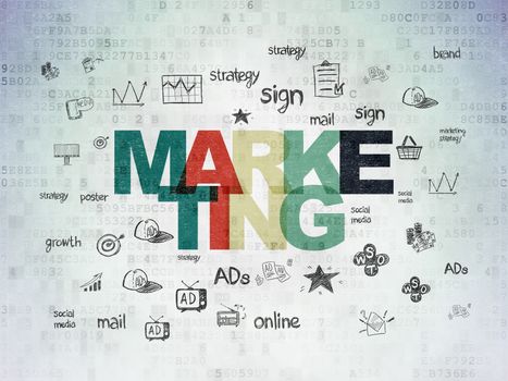 Advertising concept: Painted multicolor text Marketing on Digital Data Paper background with  Hand Drawn Marketing Icons