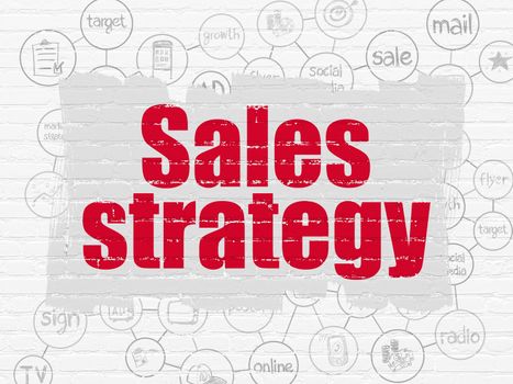 Marketing concept: Painted red text Sales Strategy on White Brick wall background with Scheme Of Hand Drawn Marketing Icons