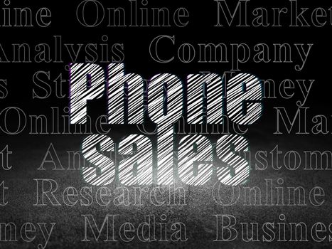 Marketing concept: Glowing text Phone Sales in grunge dark room with Dirty Floor, black background with  Tag Cloud
