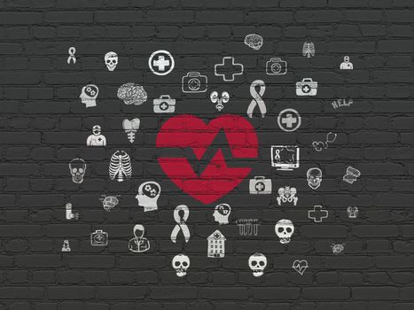 Medicine concept: Painted red Heart icon on Black Brick wall background with  Hand Drawn Medicine Icons