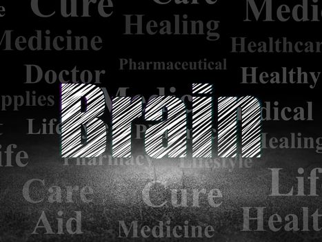 Healthcare concept: Glowing text Brain in grunge dark room with Dirty Floor, black background with  Tag Cloud