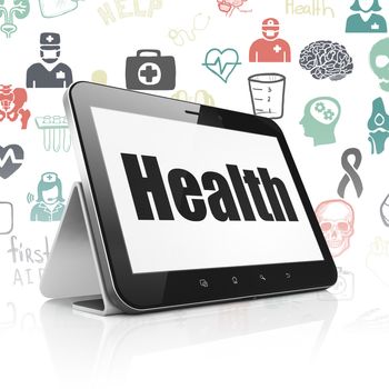 Healthcare concept: Tablet Computer with  black text Health on display,  Hand Drawn Medicine Icons background, 3D rendering