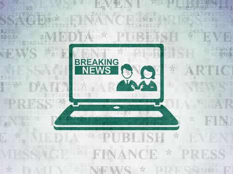 News concept: Painted green Breaking News On Laptop icon on Digital Data Paper background with  Tag Cloud