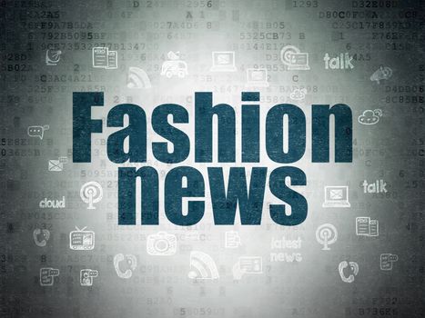 News concept: Painted blue text Fashion News on Digital Data Paper background with  Hand Drawn News Icons