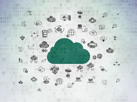 Cloud technology concept: Painted green Cloud icon on Digital Data Paper background with  Hand Drawn Cloud Technology Icons