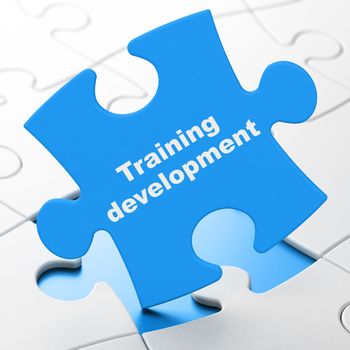 Learning concept: Training Development on Blue puzzle pieces background, 3D rendering